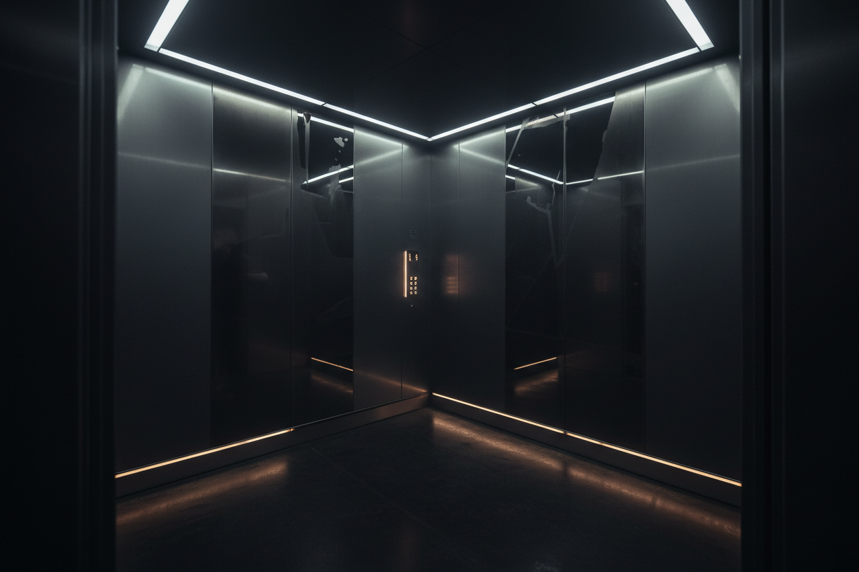 Modern, dark interior with reflective surfaces and neon lighting