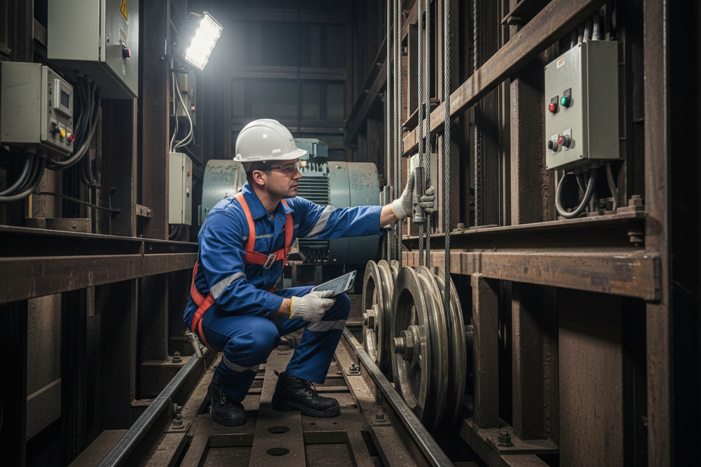 Worker in a factory setting inspecting equipment