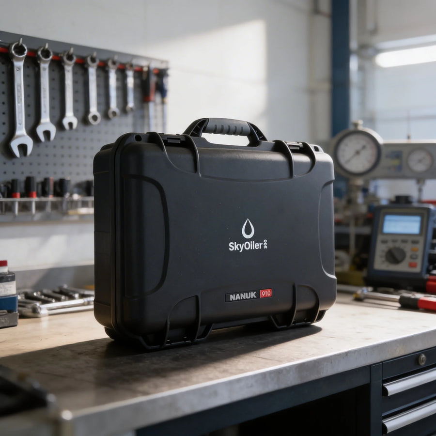 Black hard-shell case with 'SkyOiler' branding on a workshop counter.