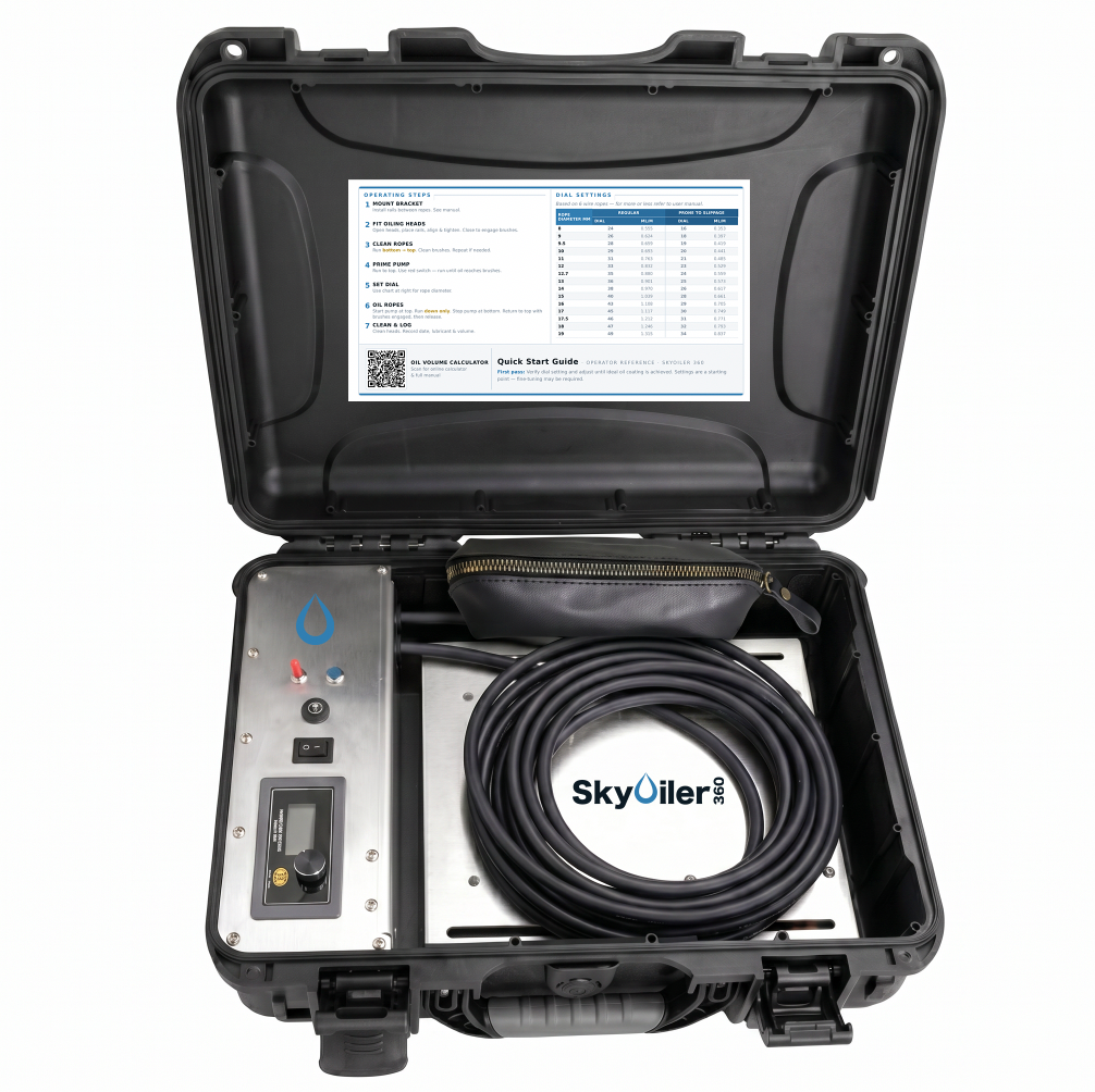 Portable equipment with a screen, control panel, and hose in a black case, branded 'Sky Oiler'.