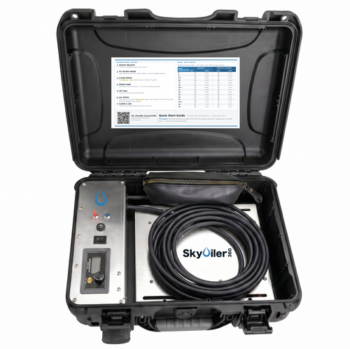 Portable equipment with a screen, control panel, and hose in a black case, branded 'Sky Oiler'.
