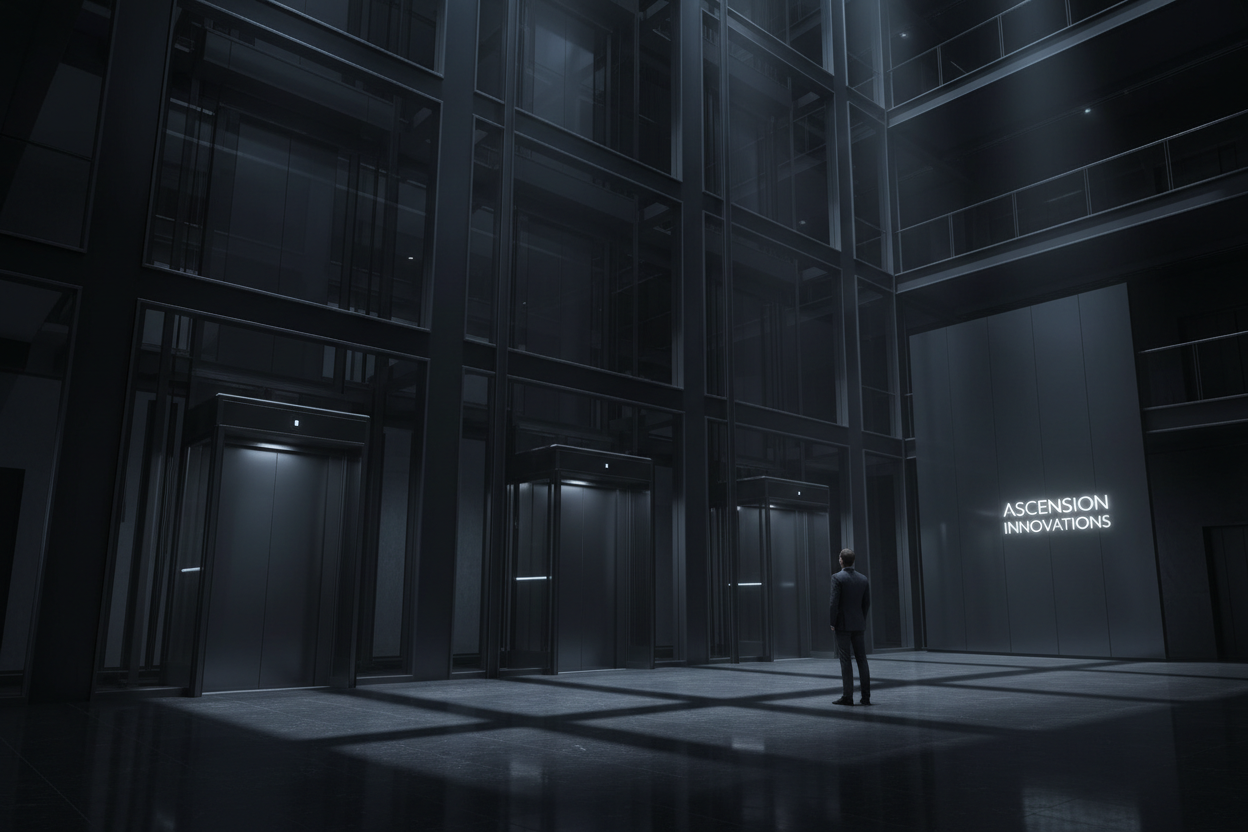 Person standing in a dark, modern industrial setting with 'Ascension Innovations' sign.