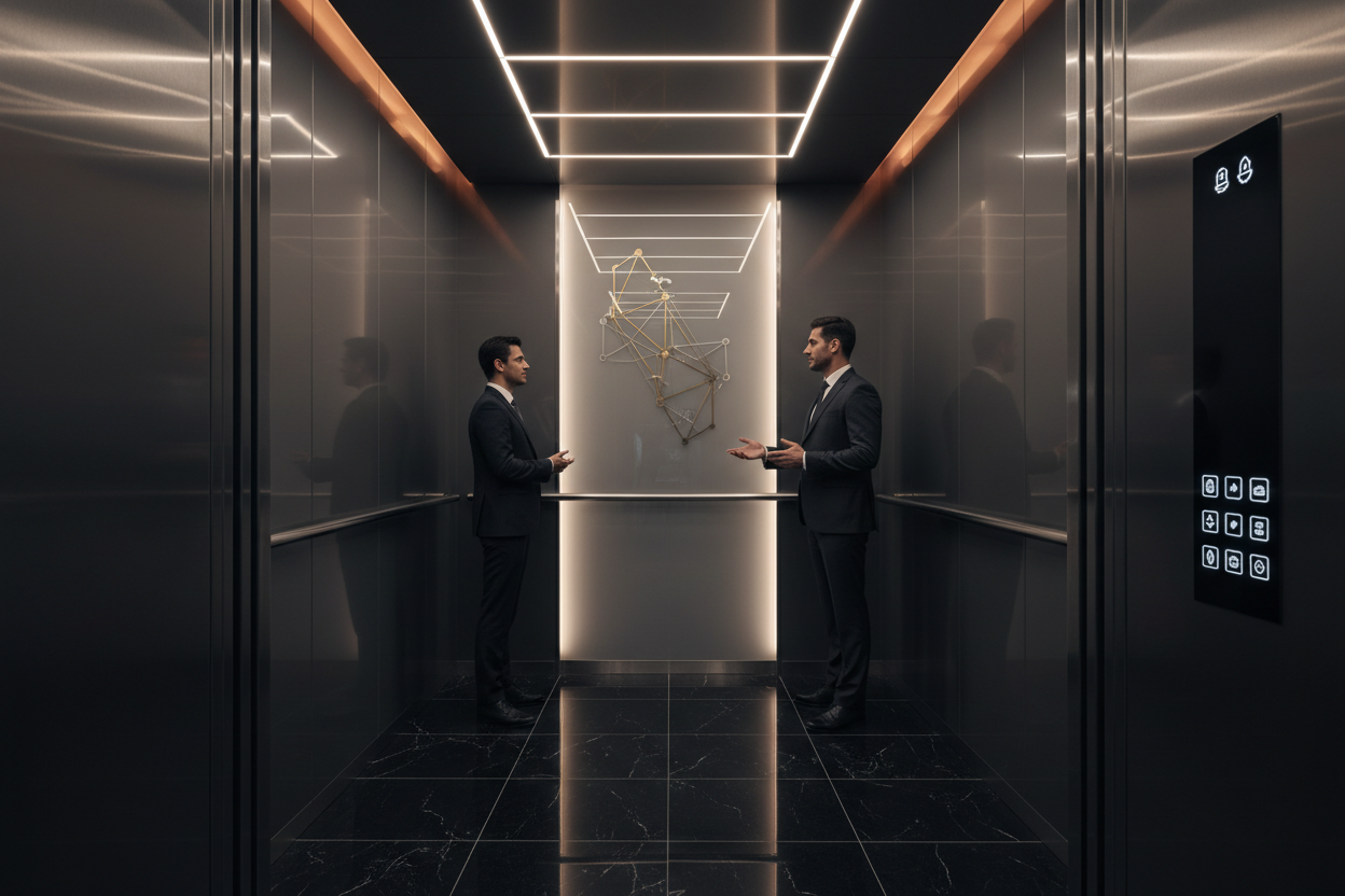 Two businessmen in an elevator with a futuristic design.