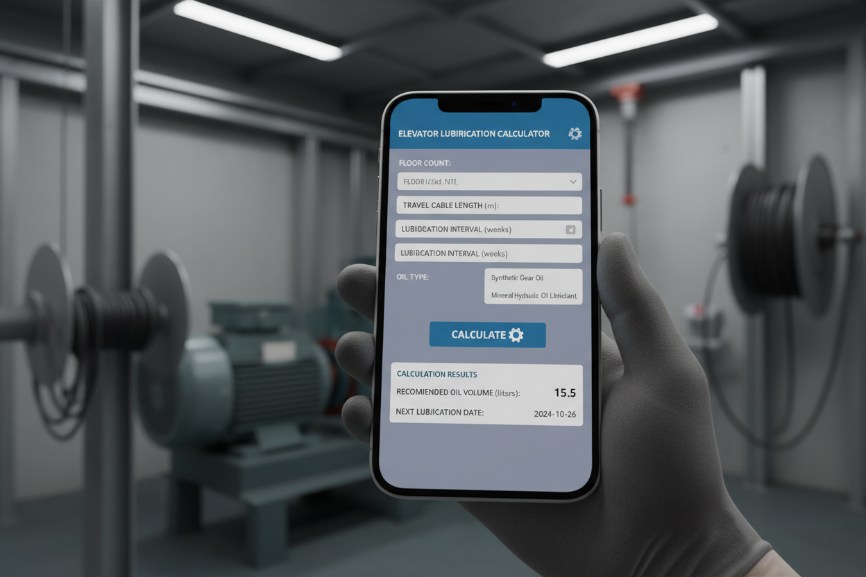 Hand holding a smartphone with an elevator lubrication calculator app in an industrial setting.