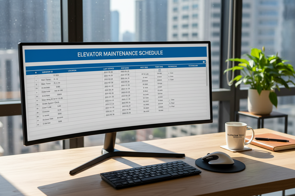 Computer monitor displaying an elevator maintenance schedule on a desk with a cityscape background