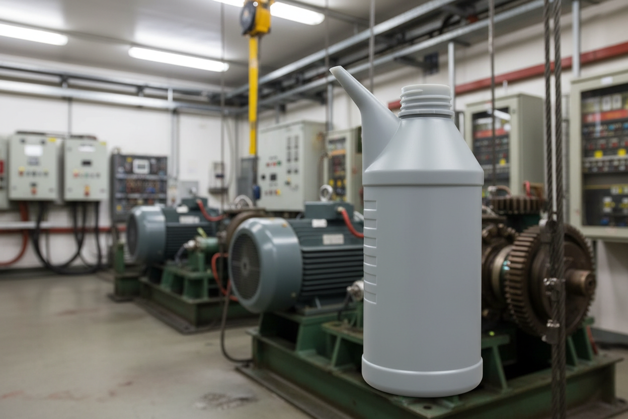 Large bottle of oil in an industrial setting with machinery and equipment.